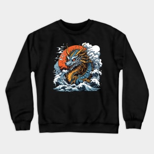 Dragon against the backdrop of a setting sun bathed in ocean waves Crewneck Sweatshirt